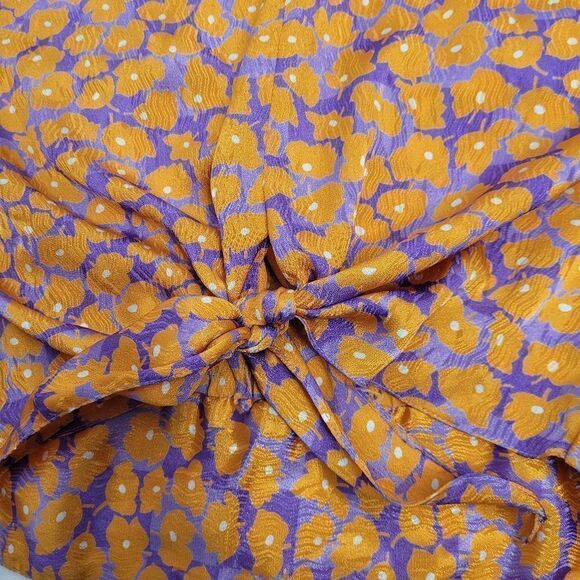 VINTAGE orange floral purple tie front short sleeve‎ blouse M - Picture 3 of 9
